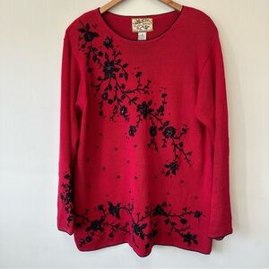 VTG Heirloom Collectibles Black Floral Embroidered Red Sweater